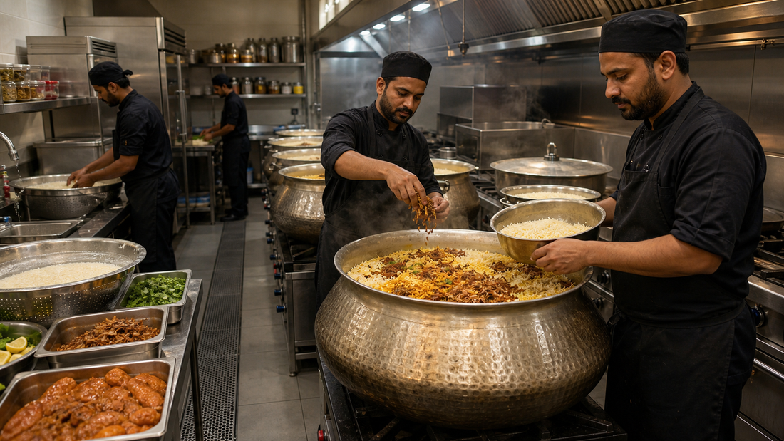 Biryani restaurant commercial kitchen with large handis, heavy-duty burners, rice preparation, refrigeration and exhaust hood