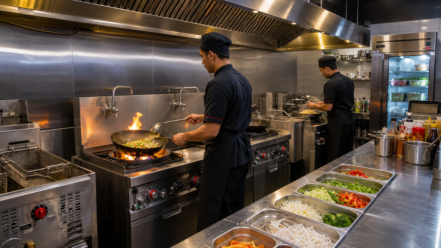 Chinese restaurant commercial kitchen with wok range, fryer, preparation counter, refrigeration and exhaust hood