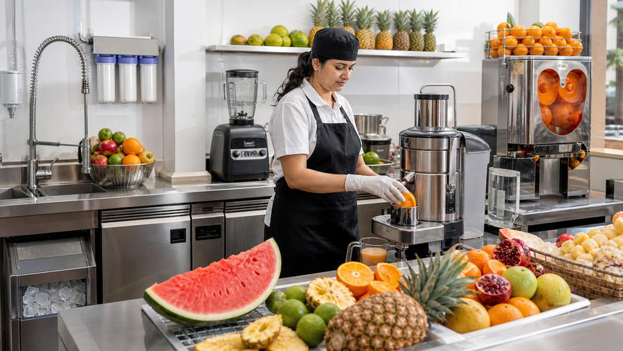 Indian female operator preparing fresh juice with commercial juicers and refrigeration in a hygienic juice centre