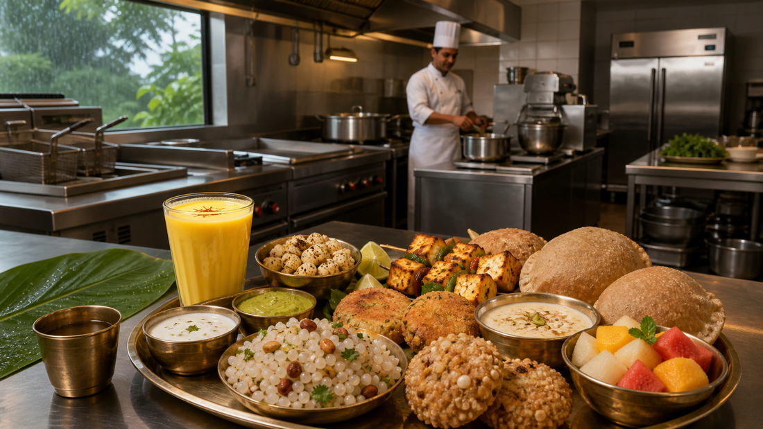 Sawan special vrat thali prepared in a commercial restaurant kitchen
