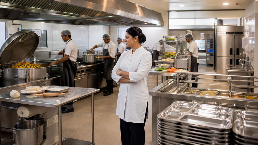 Indian canteen kitchen equipment package with bulk cooking vessels, prep tables, refrigeration and bain-marie counter