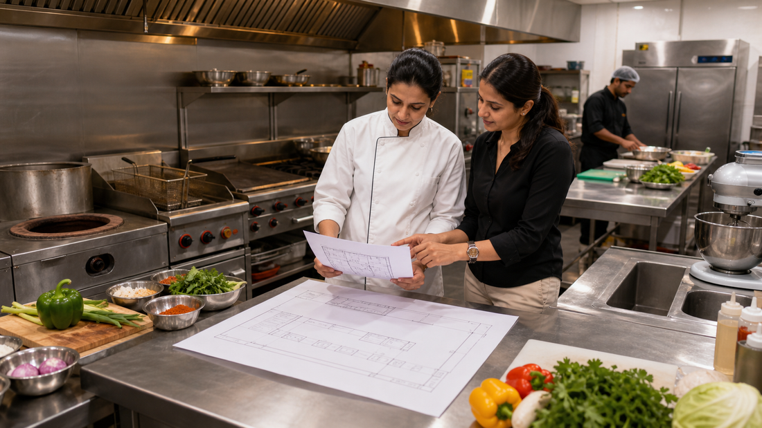 Chef and kitchen consultant selecting commercial kitchen equipment based on a restaurant menu and layout