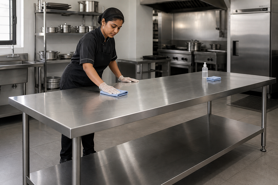 Kitchen staff cleaning a stainless-steel work table in a commercial kitchen