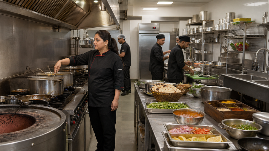 Female chef supervising a commercial restaurant kitchen designed for a Rajkot food business