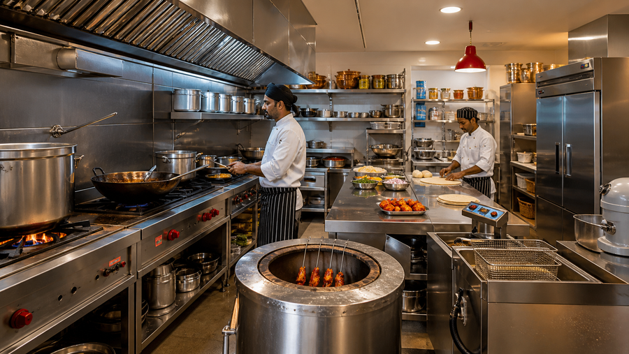 Complete Punjabi restaurant commercial kitchen equipment including tandoor, cooking range, fryer, refrigerator and preparation tables