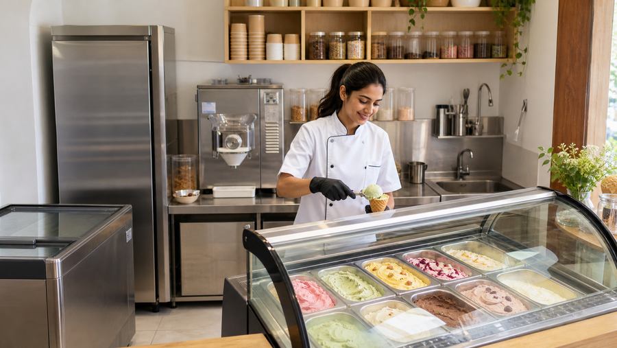 Indian ice-cream parlour with female operator, display freezer and commercial equipment