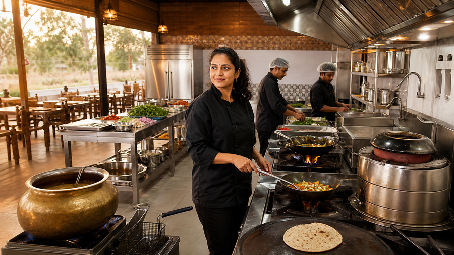 Indian dhaba kitchen with female chef, tandoor and commercial cooking equipment