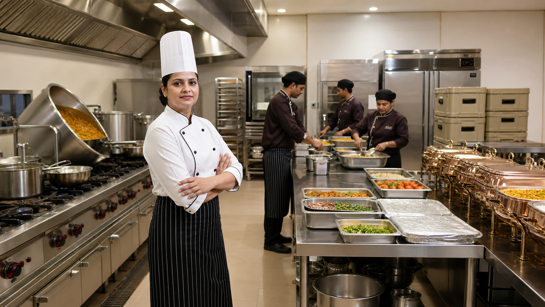 Indian banquet kitchen with female executive chef and bulk cooking equipment