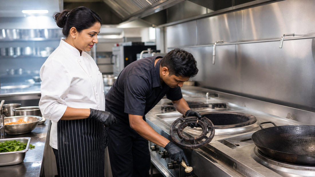 Chinese cooking range maintenance in an Indian commercial kitchen with technician and female chef