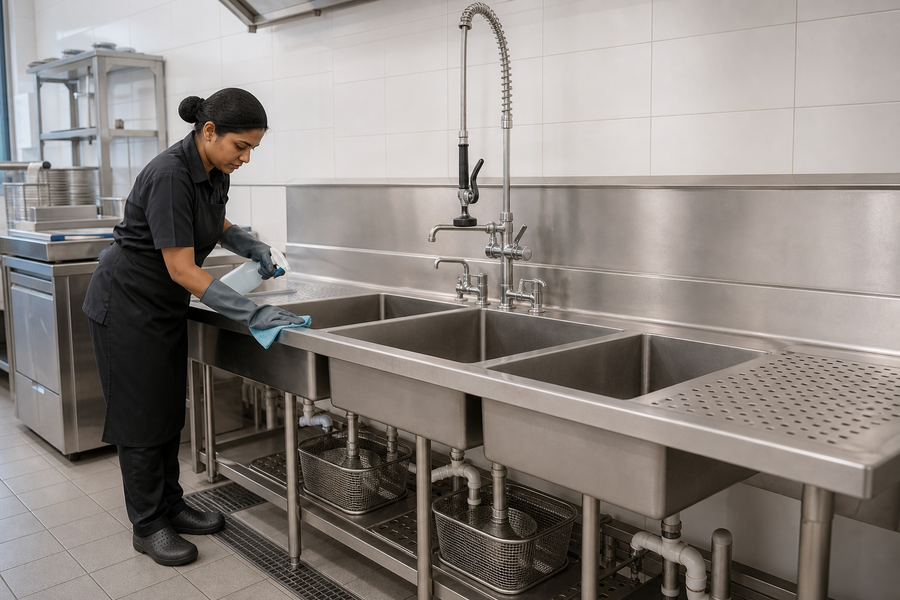 Kitchen staff cleaning a three-compartment commercial stainless-steel sink