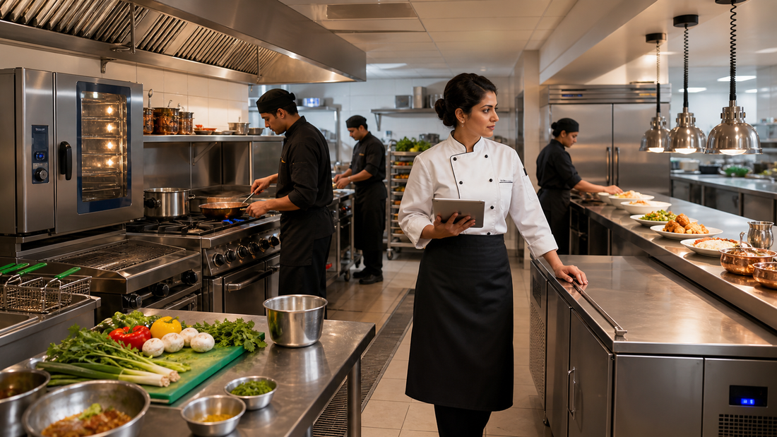 Indian hotel kitchen with female executive chef and commercial equipment