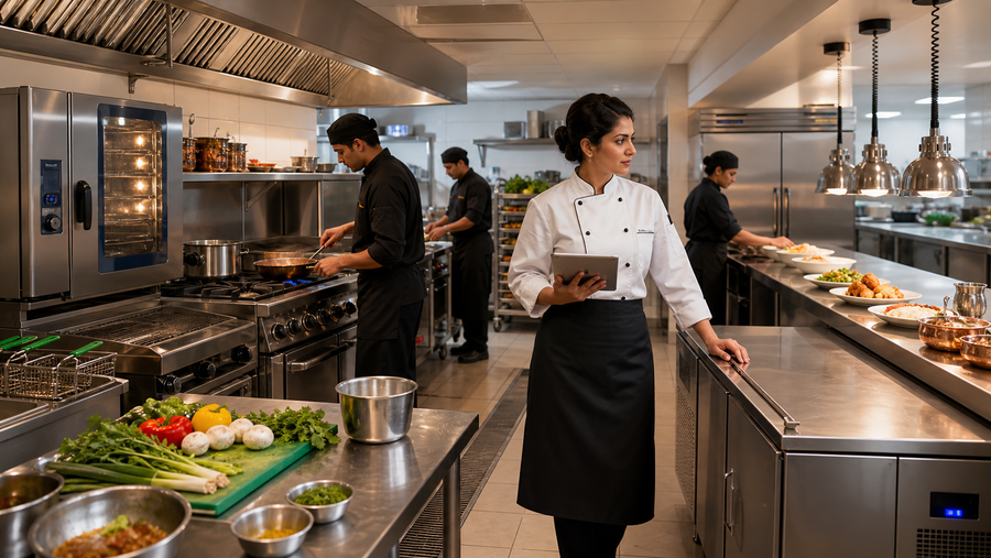 Indian hotel kitchen with female executive chef and commercial equipment