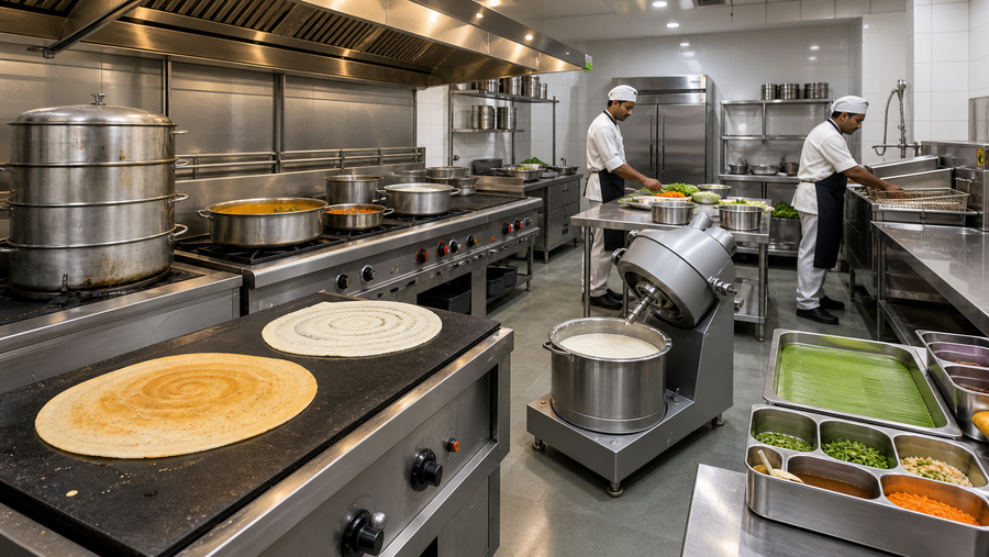 Complete South Indian restaurant equipment including dosa plate, idli steamer, wet grinder, cooking range and refrigeration