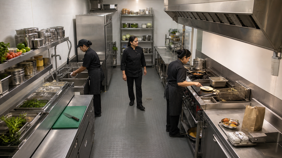 Efficient 500 to 1000 sq ft commercial restaurant kitchen layout with cooking, preparation, washing and storage zones