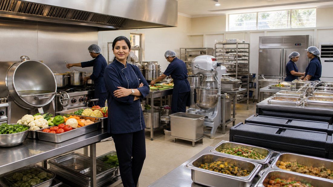 Indian catering kitchen with female chef, bulk cooking and food transport equipment