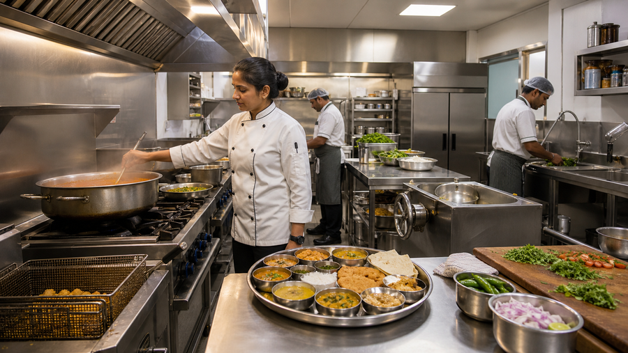 Female chef working in a professionally planned commercial restaurant kitchen for a Surat food business