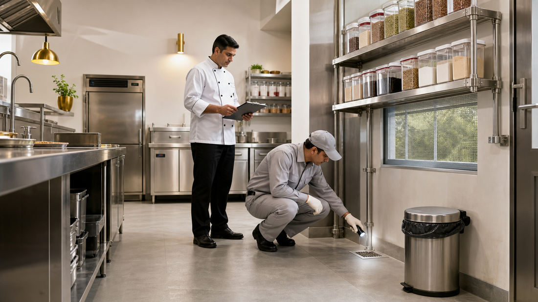 Restaurant kitchen hygiene inspection for cockroach, rat and fly prevention