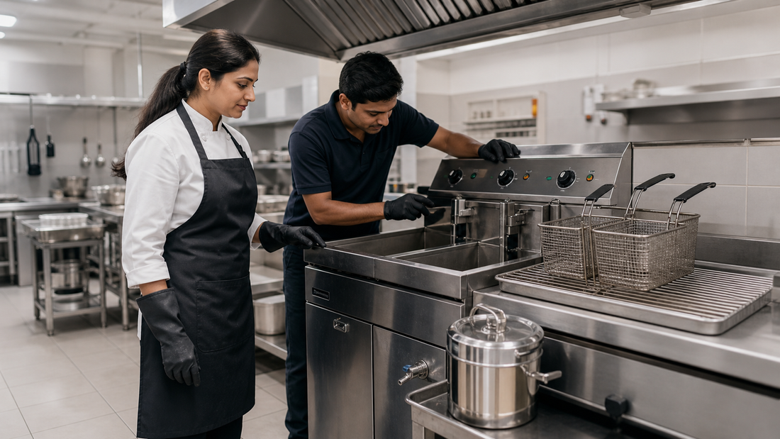 Commercial deep fryer maintenance and safe oil filtration in an Indian restaurant kitchen