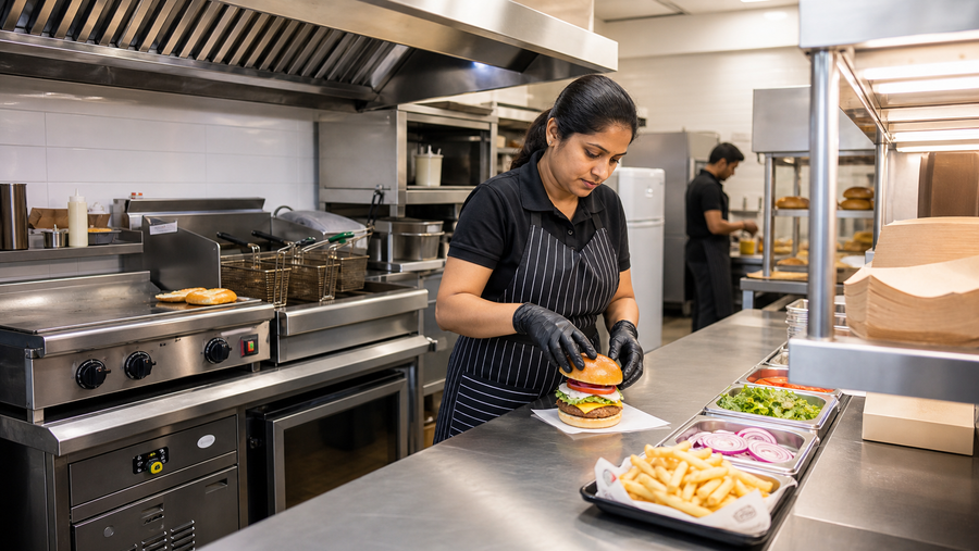 Female manager assembling a burger in a commercial QSR kitchen with griddle, fryer, refrigeration and packing station