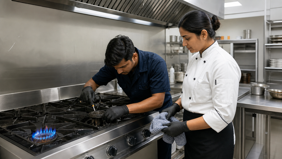 Commercial gas burner maintenance in an Indian restaurant kitchen with technician and female chef