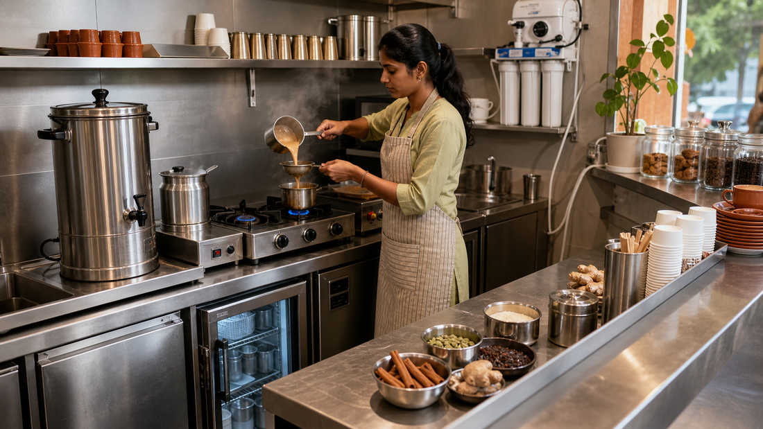 Indian female operator preparing masala chai in a commercial tea shop with tea boiler and stainless-steel counter