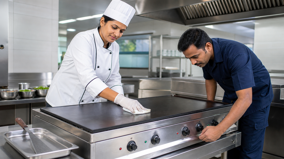 Commercial dosa plate maintenance and seasoning in an Indian restaurant kitchen