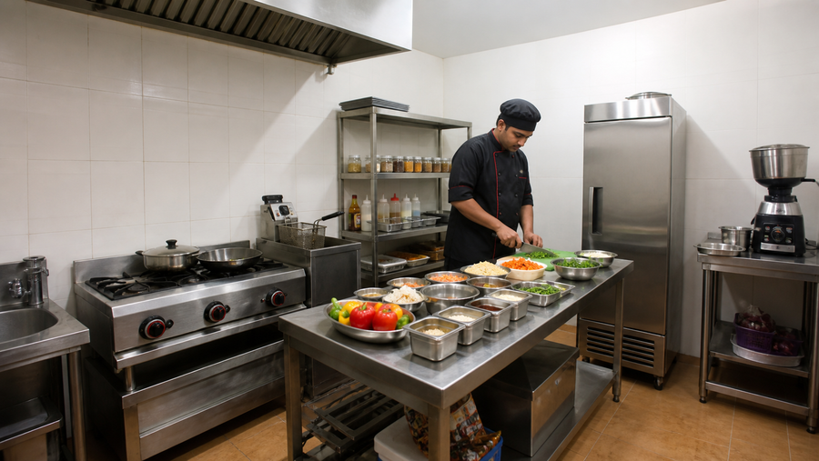 Compact small restaurant commercial kitchen setup under ₹5 lakh with cooking range, fryer, refrigerator and preparation table