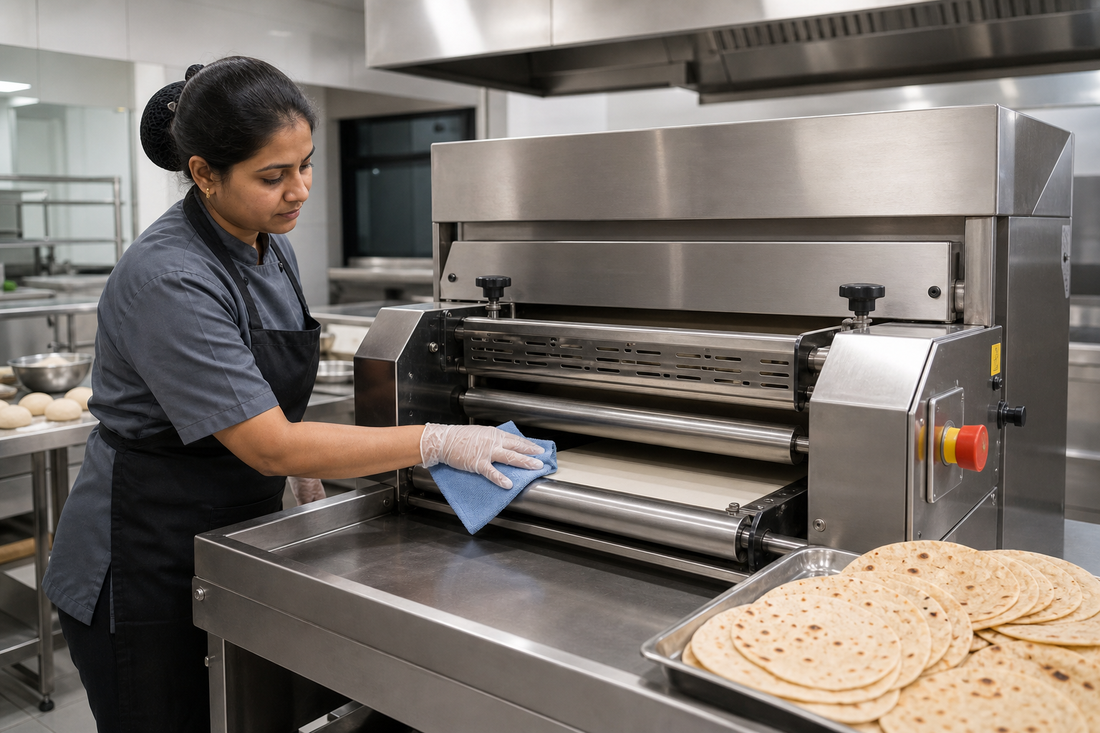 Technician cleaning a commercial chapati machine in an Indian restaurant kitchen