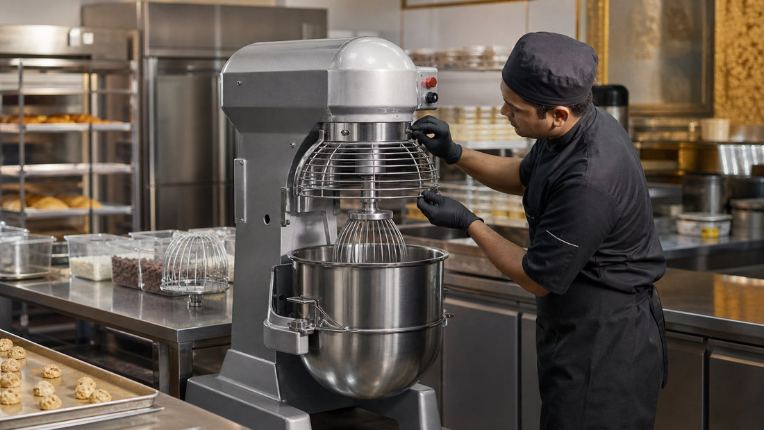 Technician inspecting a commercial planetary mixer in an Indian bakery kitchen
