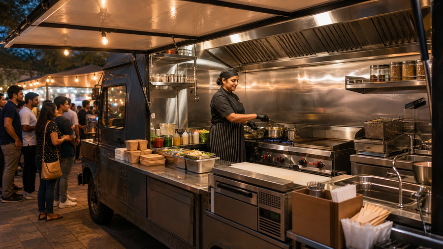 Indian food truck with female chef and compact commercial kitchen equipment
