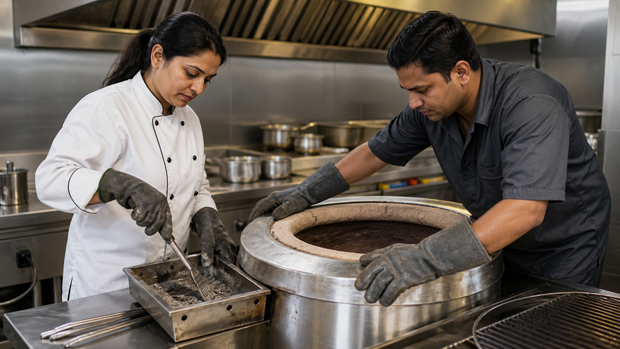 Chef and technician safely cleaning and inspecting a cool commercial tandoor in an Indian restaurant kitchen