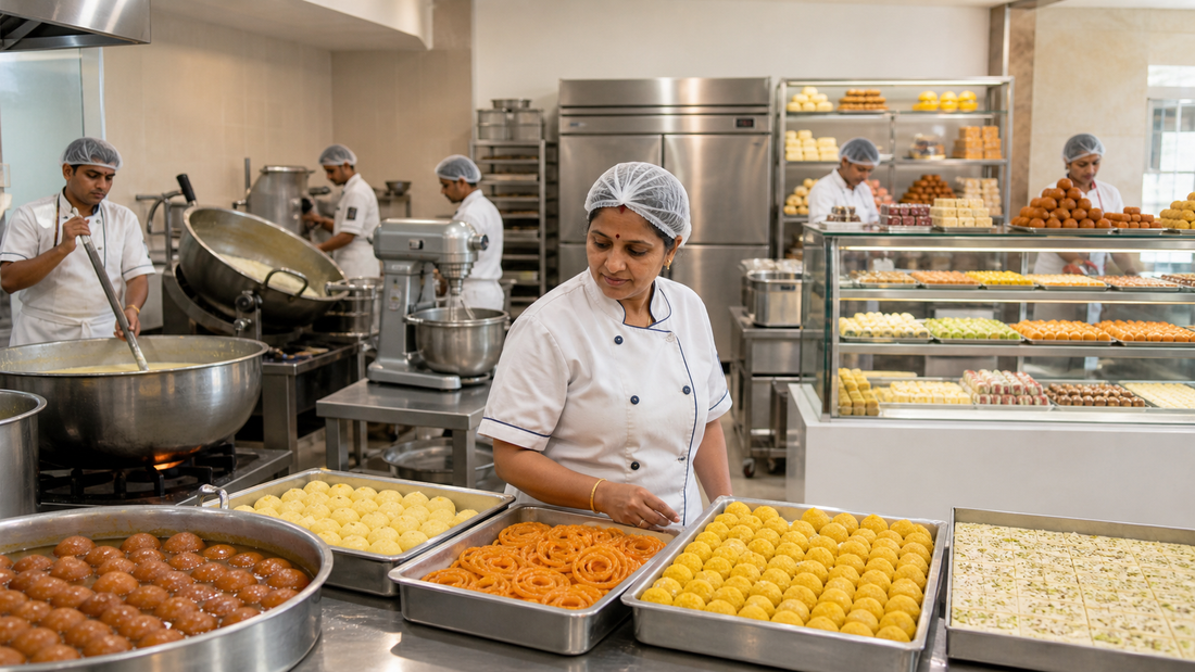 Indian sweet shop production kitchen with commercial mithai equipment and display counter
