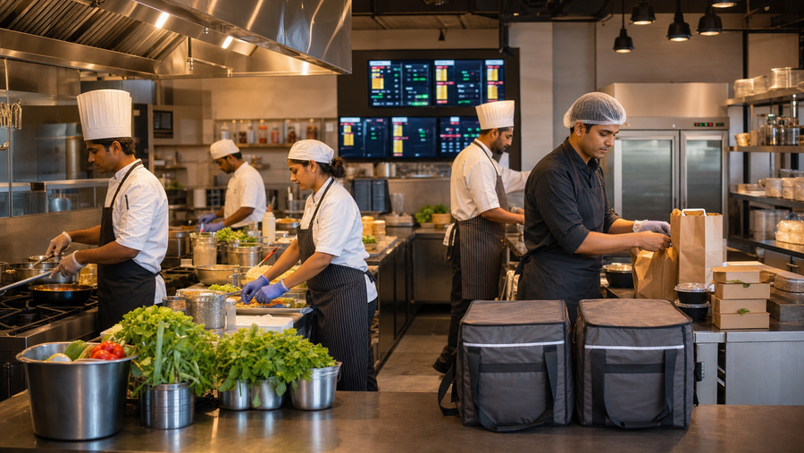 Indian restaurant and cloud kitchen using commercial kitchen equipment to prepare online food delivery orders efficiently