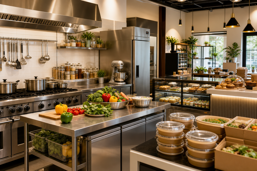 Bright vegetarian commercial kitchen with cooking, refrigeration, preparation and takeaway equipment for a new food business