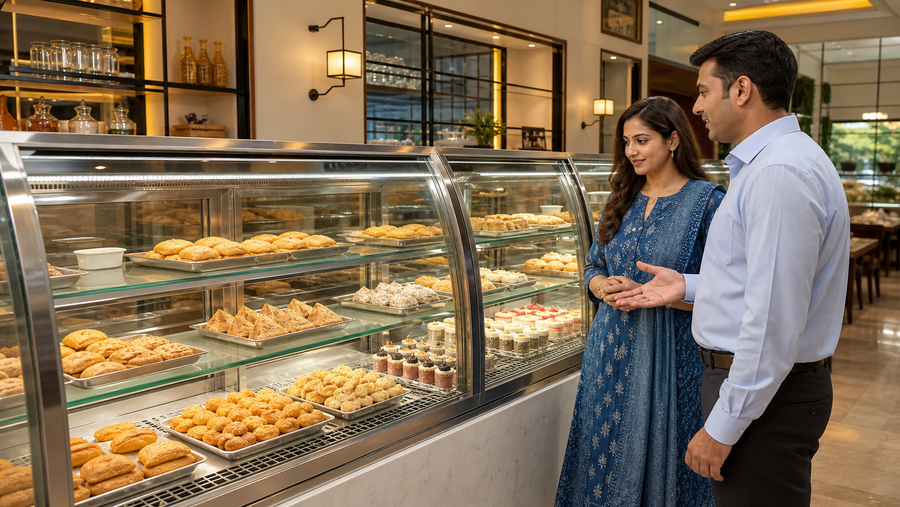 Café owner reviewing a stainless steel glass food display counter with an equipment consultant