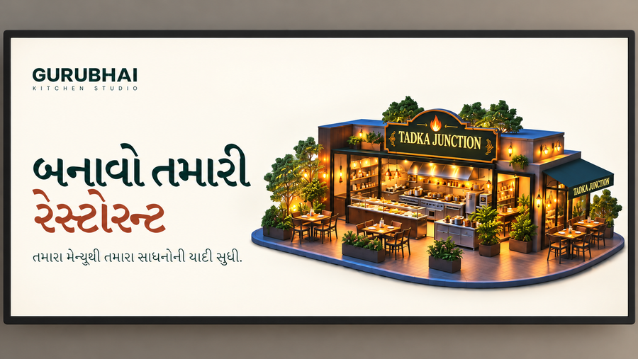 AI-enhanced illustration based on an actual Gurubhai Kitchen Studio homepage photo, with Gujarati text and Tadka Junction.