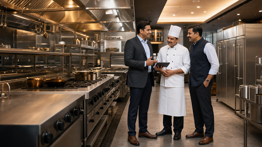 Restaurant owner, hotel chef and equipment specialist inside a premium commercial kitchen