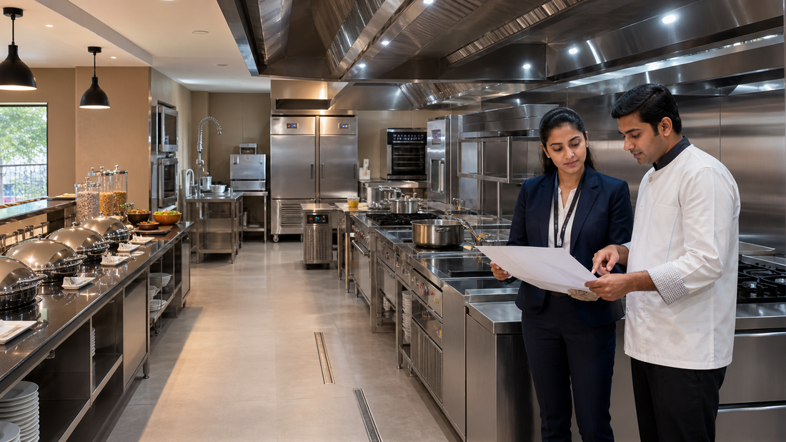 Hotel manager and chef reviewing commercial hotel kitchen equipment