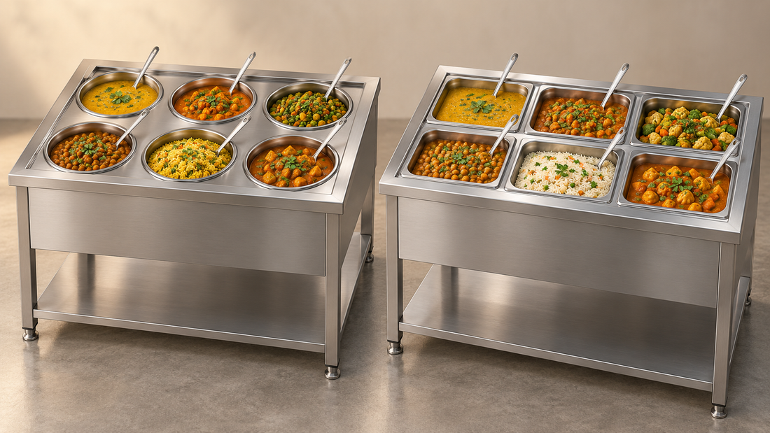AI-generated comparison illustration of stainless steel bain marie counters with six round pots and six rectangular GN pans.