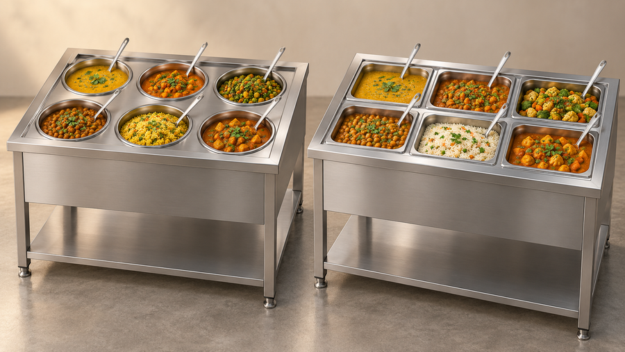 AI-generated comparison illustration of stainless steel bain marie counters with six round pots and six rectangular GN pans.