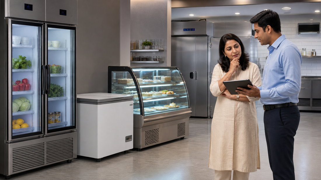 Restaurant owner reviewing commercial refrigeration equipment with a supplier