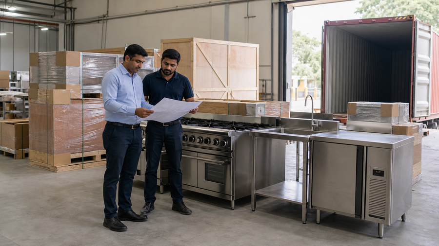 Buyer inspecting export-ready restaurant equipment with an exporter in India