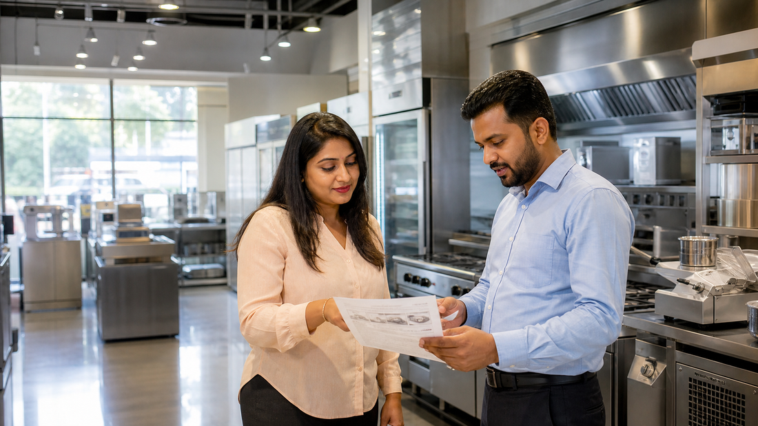 Restaurant owner discussing commercial kitchen equipment with a supplier in a showroom