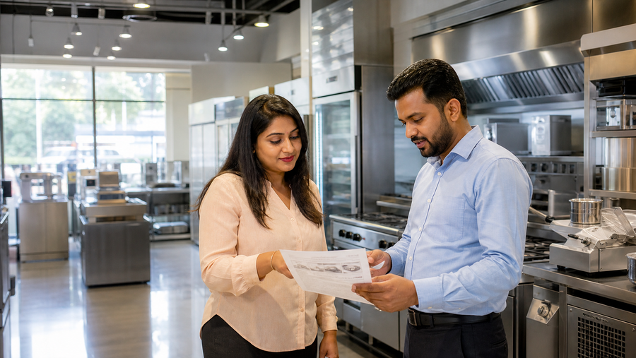 Restaurant owner discussing commercial kitchen equipment with a supplier in a showroom