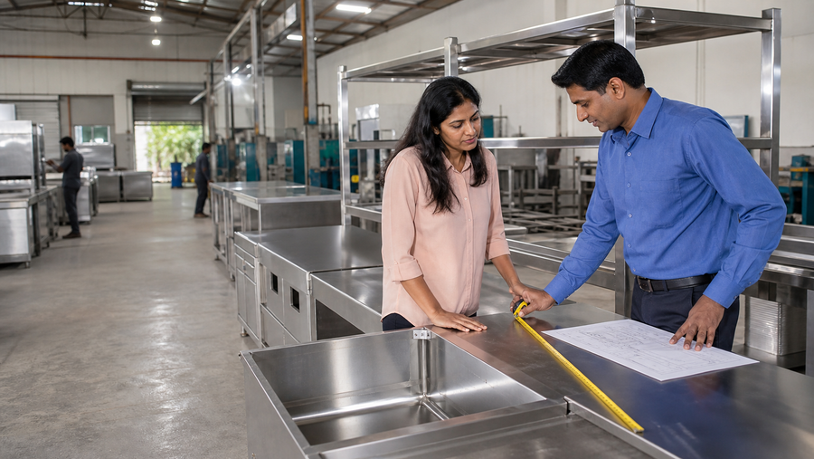 Restaurant owner reviewing custom stainless steel kitchen equipment with a fabrication specialist