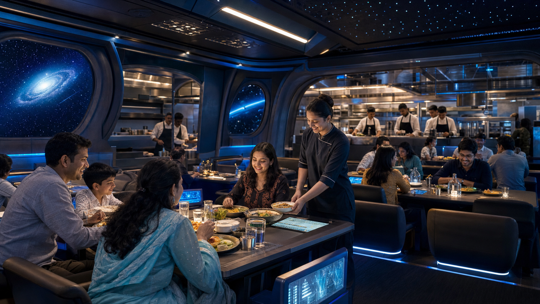 Futuristic space-themed restaurant in India with families dining and a professional commercial kitchen