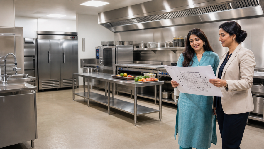 Restaurant owner reviewing a turnkey commercial kitchen setup with a consultant