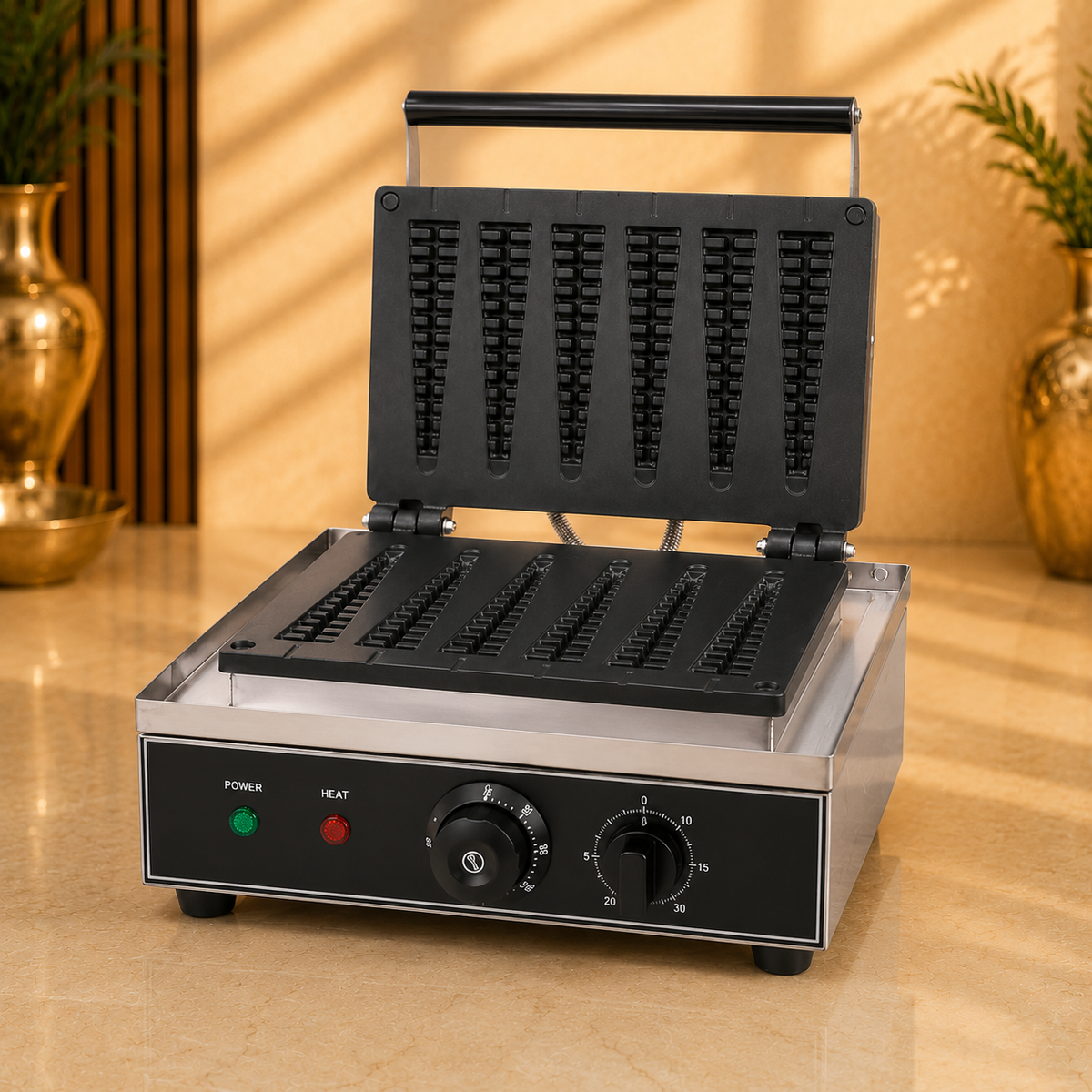 Commercial 6-Lolly Electric Waffle Maker with Timer & Temperature Control 16x38