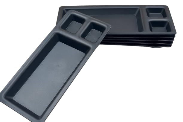 GURUBHAI EQUIPMENTS Black Plastic Rectangular Serving Plates with 3 Compartments | Multi-Section Snack & Starter Tray for Sauce, Chutney & Snacks | for Home, Hotel & Restaurant Use (Set of 6)
