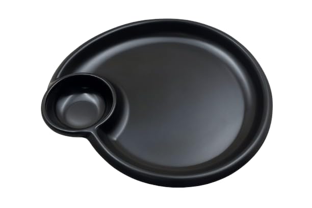 GURUBHAI EQUIPMENTS Black Melamine Round Serving Plates with Built-in Dip Bowl | Durable Snack & Starter Plates for Sauce, Chutney, Ketchup | for Home, Café & Restaurant Use | Set of 6